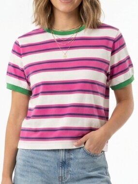PILCRO Anthropologie Pink White Striped Cotton Boxy Tee Shirt Small